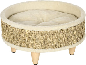 Verhoogde hondenmand kattenmand met wasbaar kussen – beige – Ø48×24,5 cm met comfortabele houten pootjes.