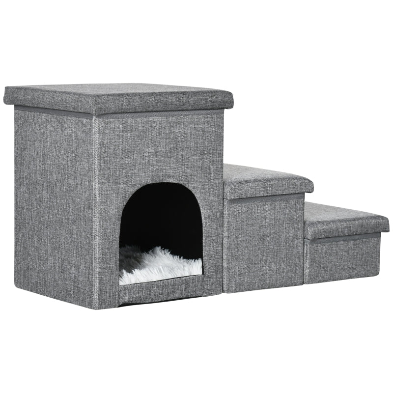 Opvouwbare hondentrap met 3 treden en pluche bekleding – grijs – 74×33×41 cm