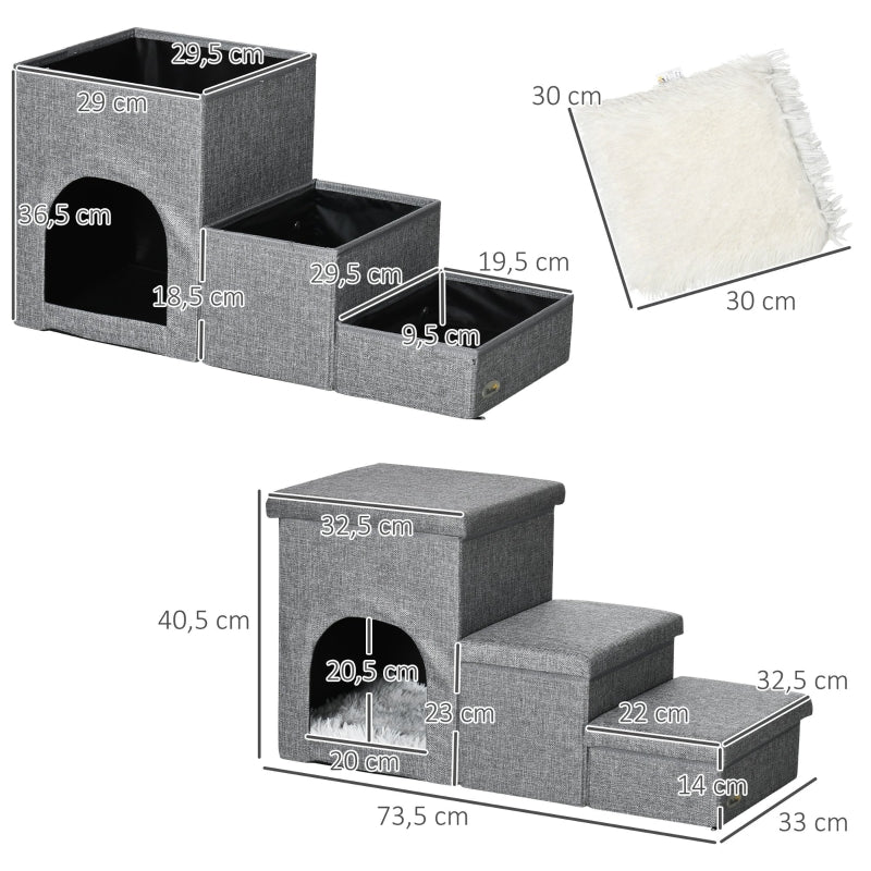 Opvouwbare hondentrap met 3 treden en pluche bekleding – grijs – 74×33×41 cm