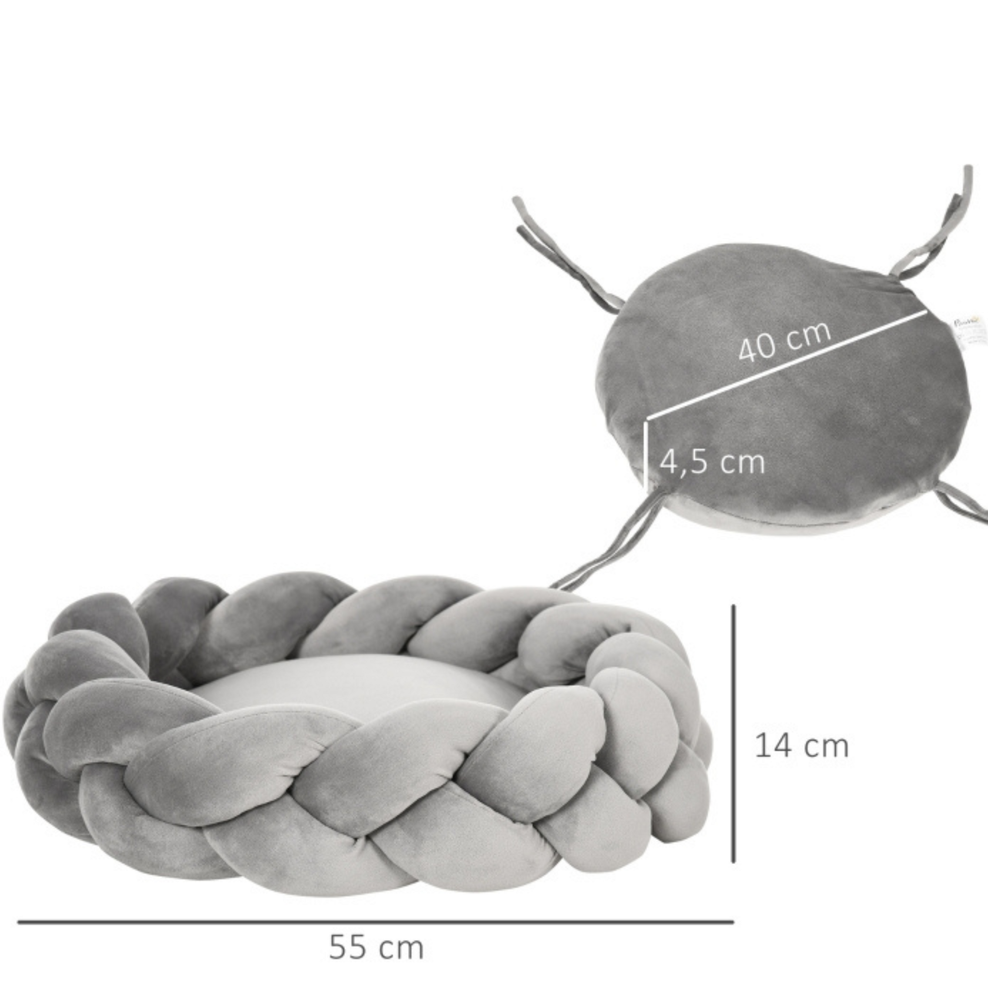 Ronde hondenmand kattenmand met wasbaar kussen – grijs – Ø55×14 cm