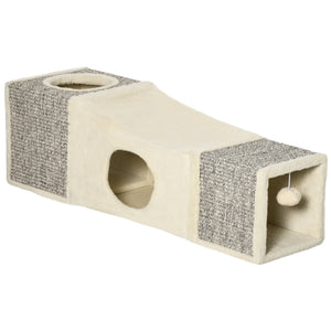 Kattentunnel met speelbal en sisal bekleding – bruin/beige – 98×30×30 cm met tunnels en ronde openingen voor kattenspeelplezier
