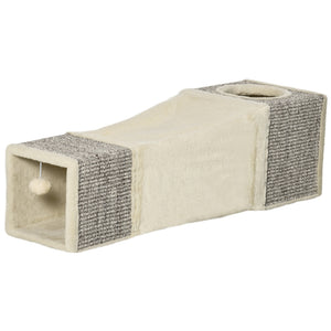 Kattentunnel met speelbal en sisal bekleding – bruin/beige – 98×30×30 cm met speelbal en meerdere ingangen zichtbaar