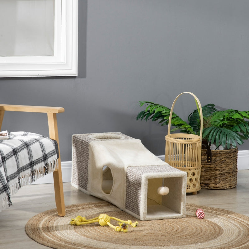 Kattentunnel met speelbal en sisal bekleding – bruin/beige – 98×30×30 cm
