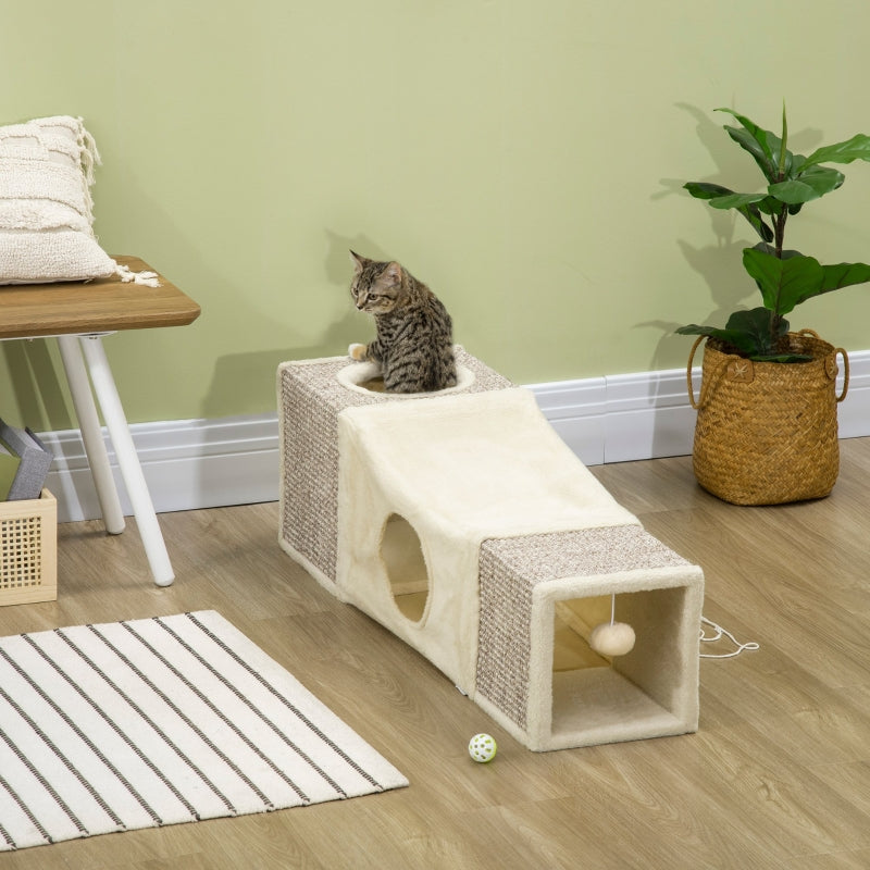 Kattentunnel met speelbal en sisal bekleding – bruin/beige – 98×30×30 cm
