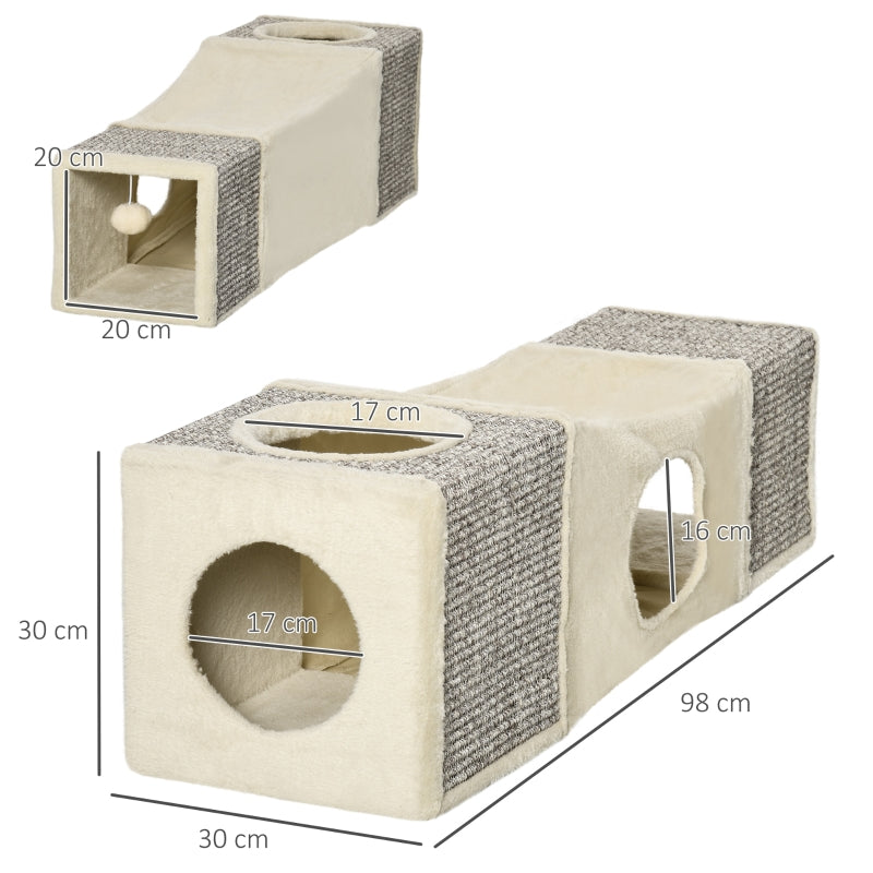 Kattentunnel met speelbal en sisal bekleding – bruin/beige – 98×30×30 cm