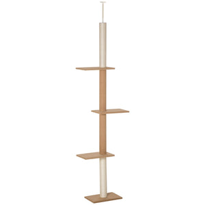 Verstelbare krabpaal met 4 niveaus en sisal – khaki – 228–260 cm met platforms en verstelbare trekstang voor kattenplezier