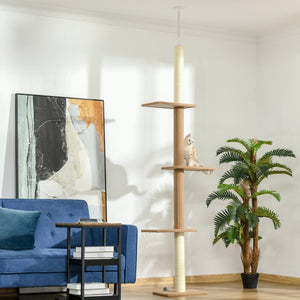 Verstelbare krabpaal met 4 niveaus en sisal – khaki – 228–260 cm met kat op platform in lichte woonkamer