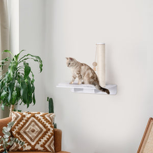 Kattenklimwand met hangmat, krabpaal en springplatform – lichtbruin met kat en sisal krabpaal aan wand
