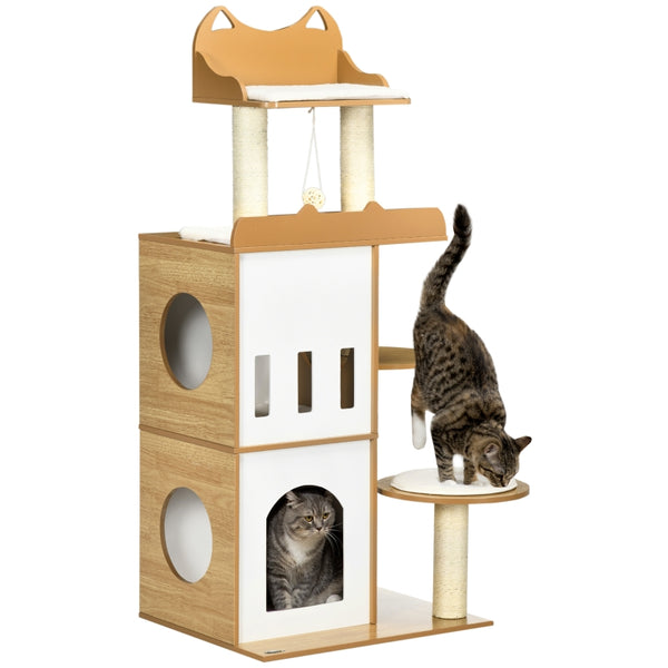 Krabpaal met 2 kattenhuizen, sisalpalen en speelbal – eiken/wit – 60×48×133 cm