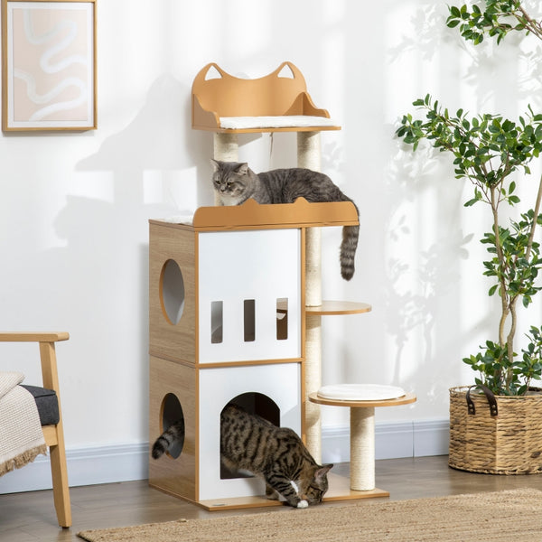 Krabpaal met 2 kattenhuizen, sisalpalen en speelbal – eiken/wit – 60×48×133 cm