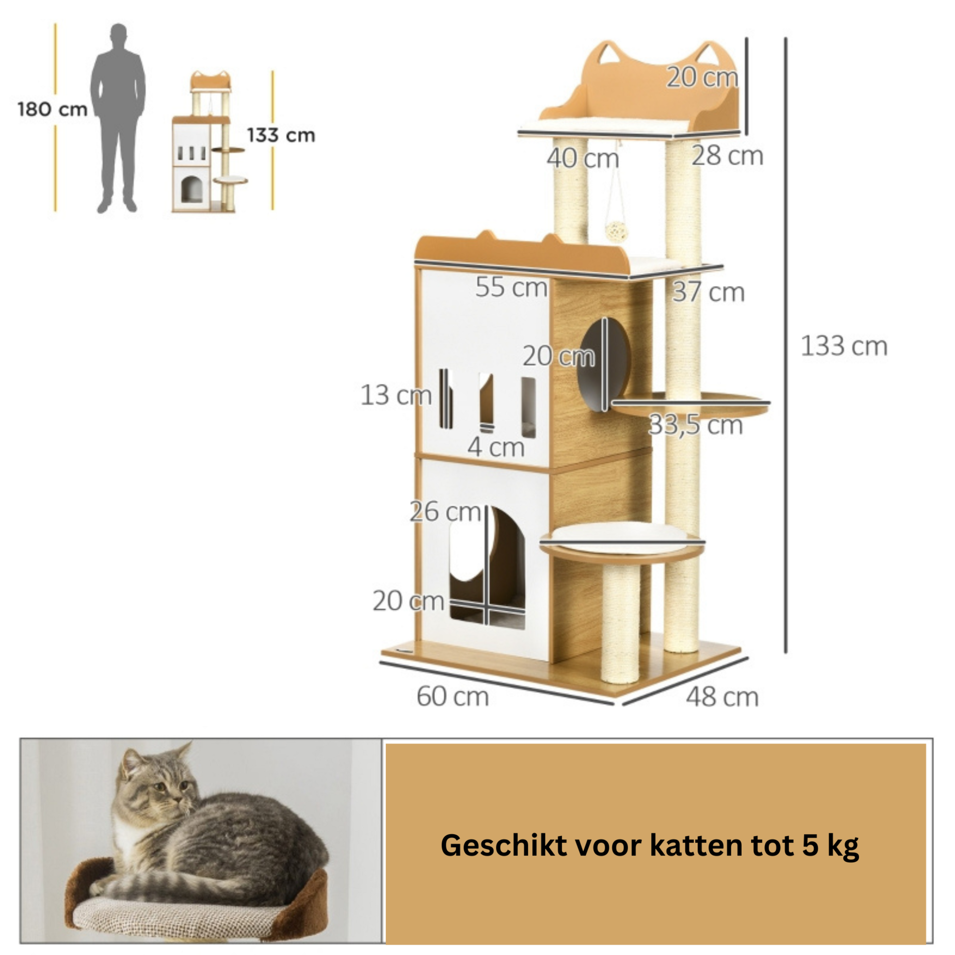 Krabpaal met 2 kattenhuizen, sisalpalen en speelbal – eiken/wit – 60×48×133 cm