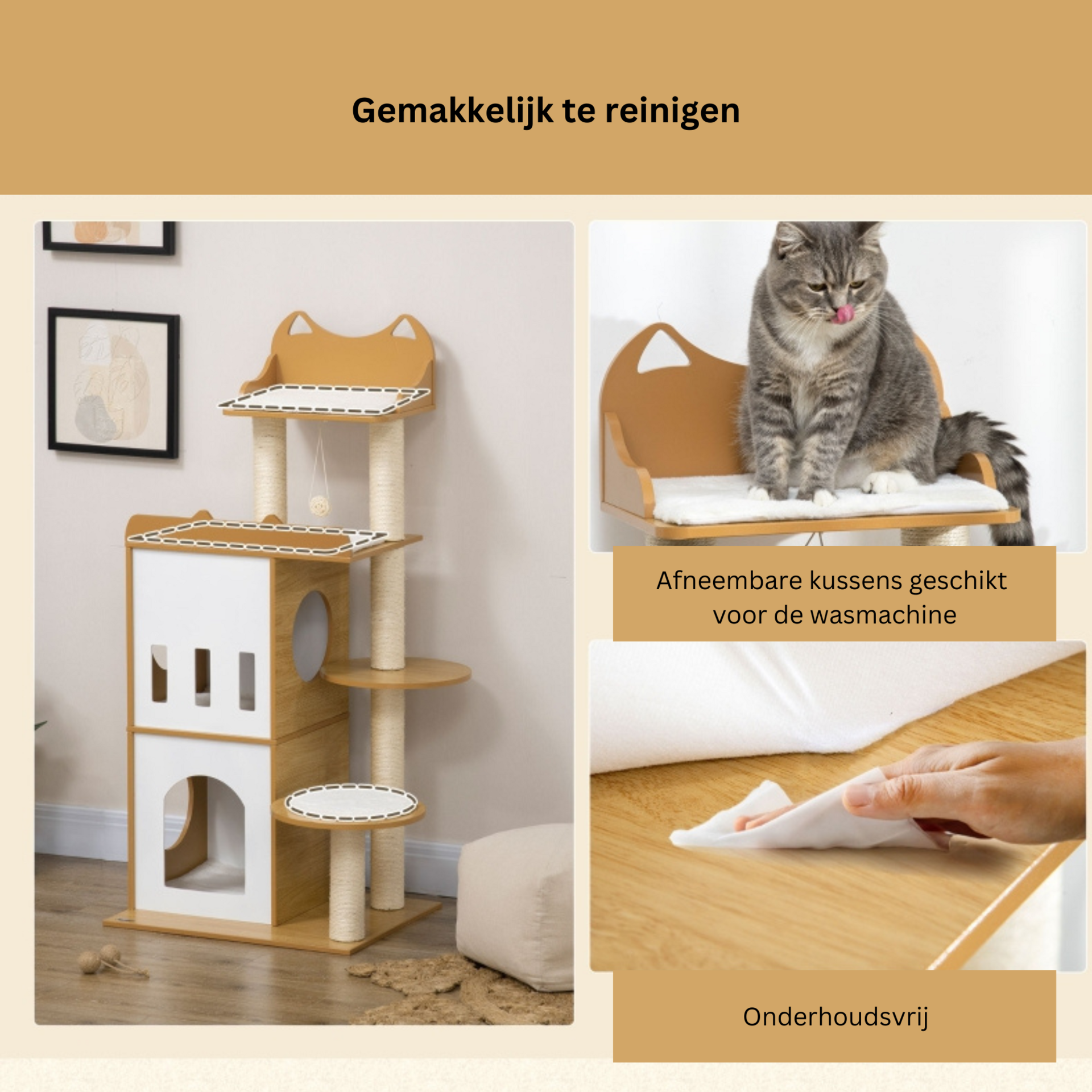 Krabpaal met 2 kattenhuizen, sisalpalen en speelbal – eiken/wit – 60×48×133 cm