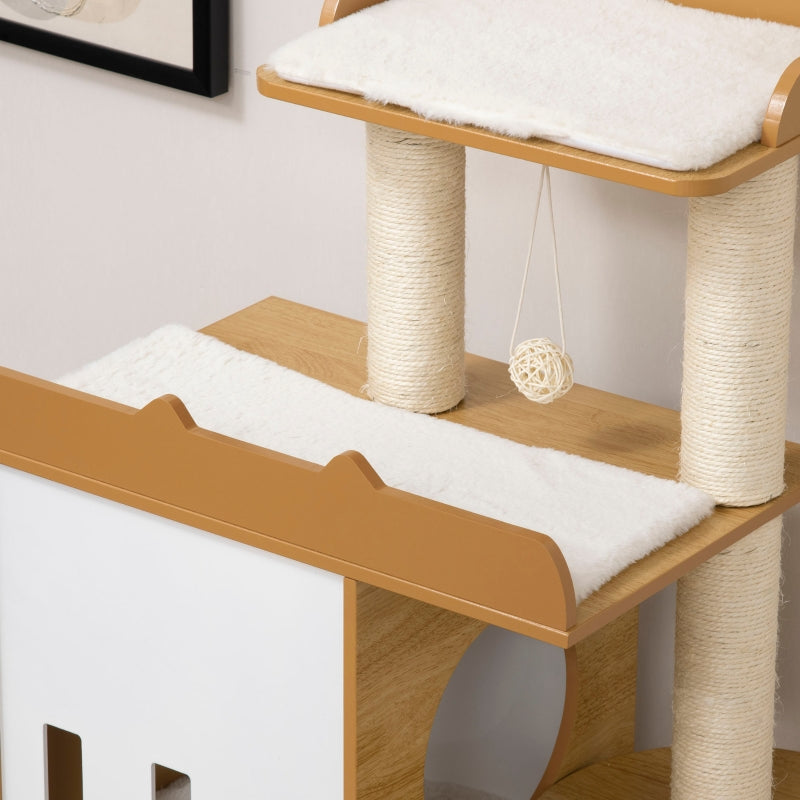 Krabpaal met 2 kattenhuizen, sisalpalen en speelbal – eiken/wit – 60×48×133 cm