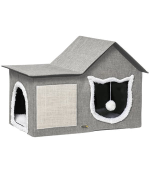 Kattenhuis met krabmat, speelbal en zacht kussen – grijs – 65×41×45,5 cm, comfortabel en stijlvol voor binnengebruik