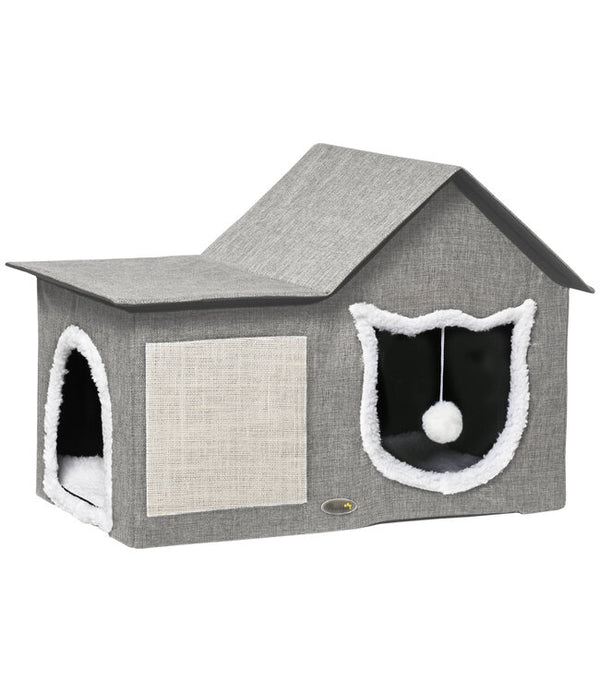 Kattenhuis met krabmat, speelbal en zacht kussen – grijs – 65×41×45,5 cm