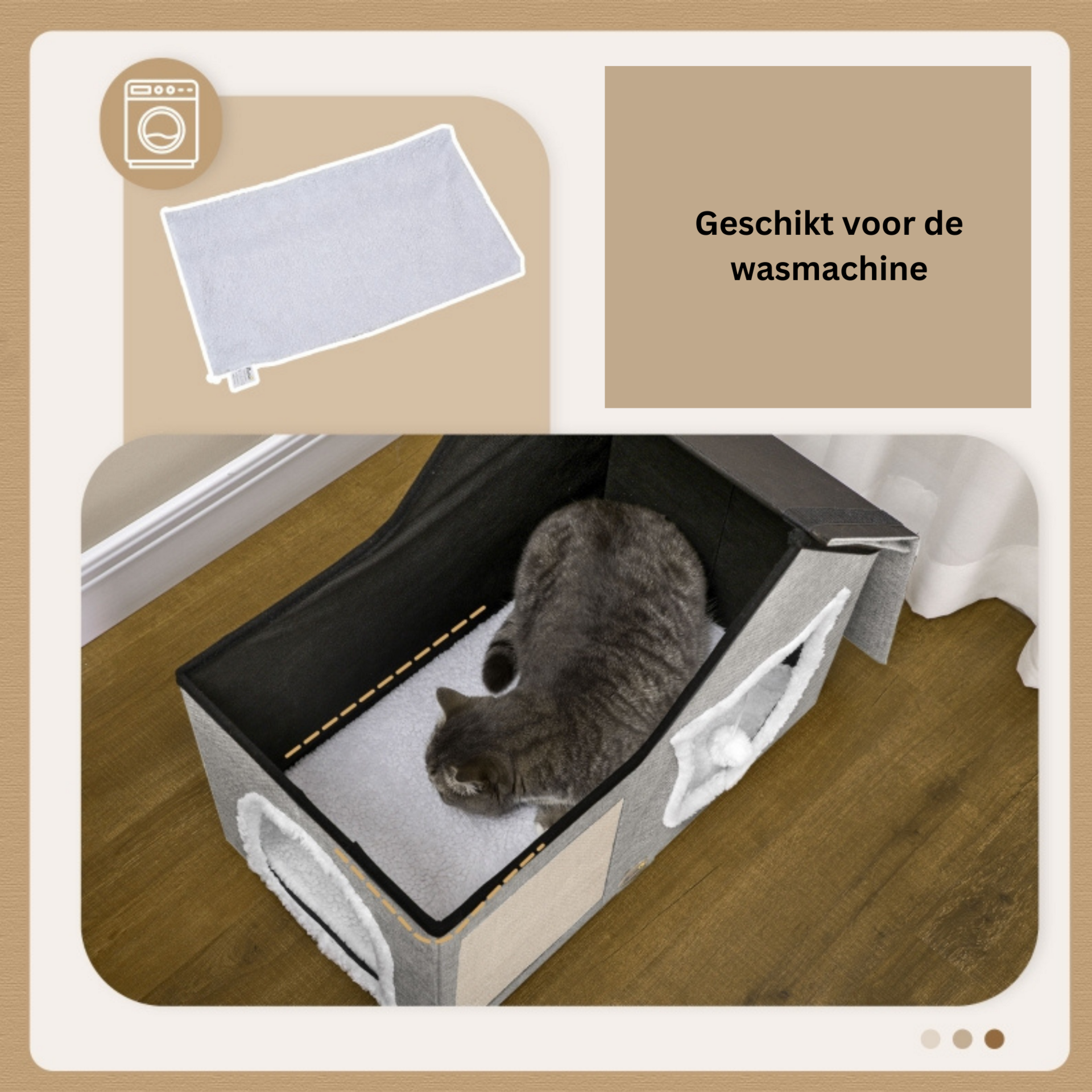 Kattenhuis met krabmat, speelbal en zacht kussen – grijs – 65×41×45,5 cm