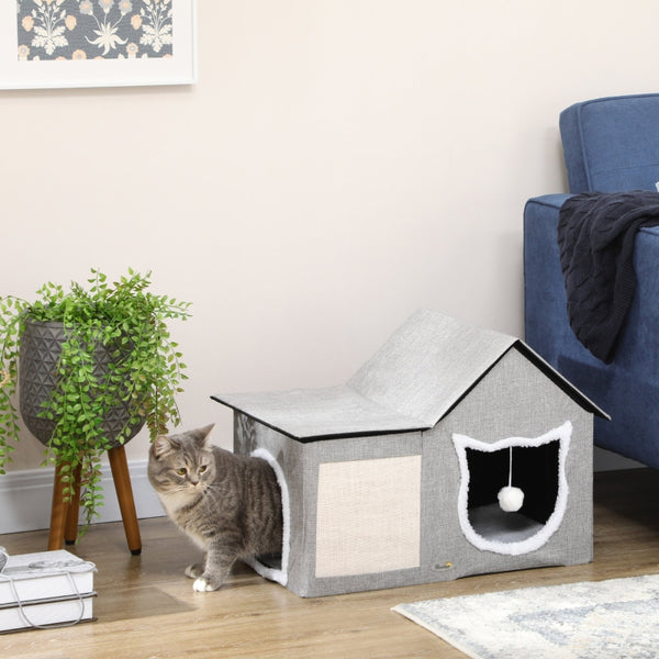 Kattenhuis met krabmat, speelbal en zacht kussen – grijs – 65×41×45,5 cm