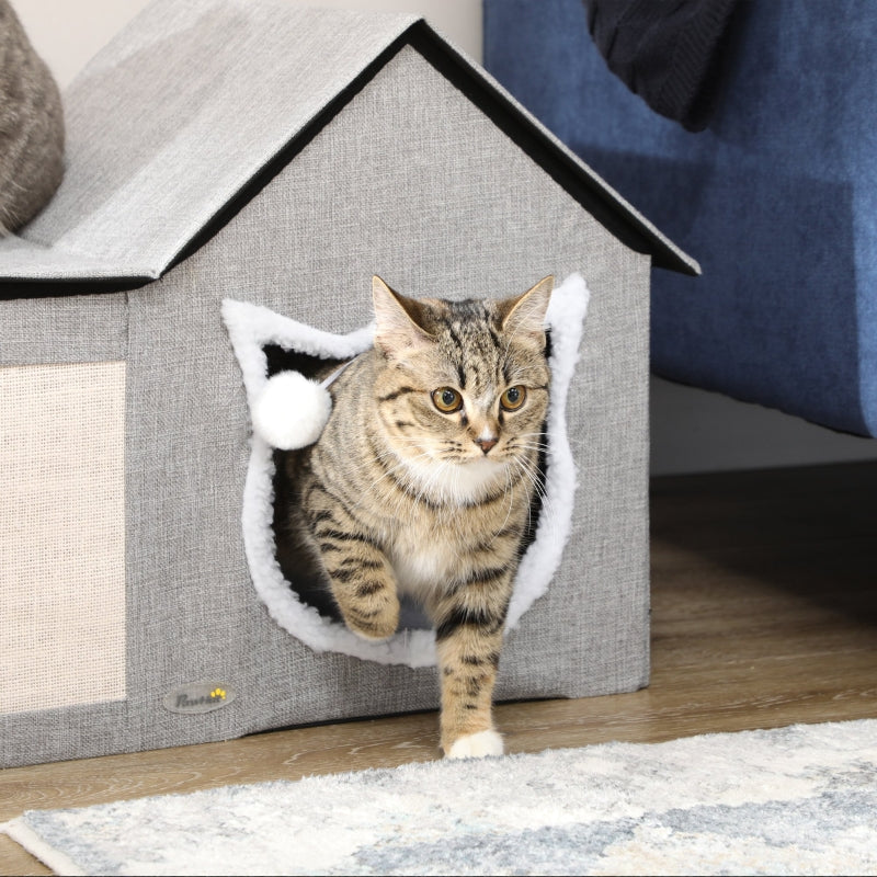 Kattenhuis met krabmat, speelbal en zacht kussen – grijs – 65×41×45,5 cm