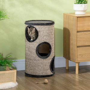 Krabton met 3 grotten, pluche bekleding – grijs – 38×38×70 cm met zachte textuur en meerdere toegangspunten voor kattencomfort
