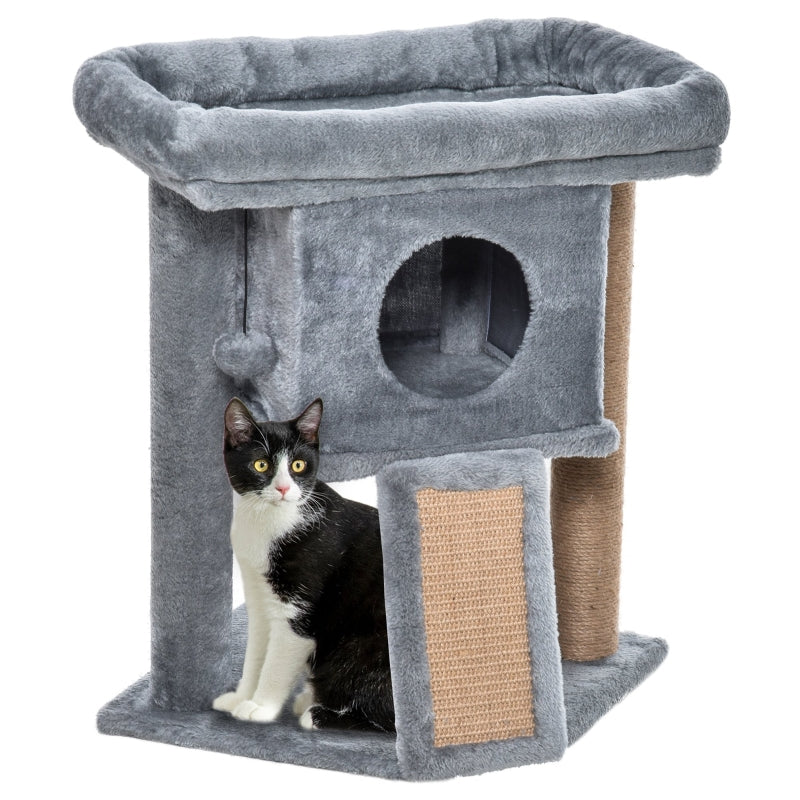 Krabpaal met kattenhuis, jute krabmat en pluche – grijs – 40×40×57 cm