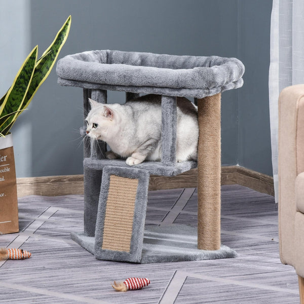 Krabpaal met kattenhuis, jute krabmat en pluche – grijs – 40×40×57 cm