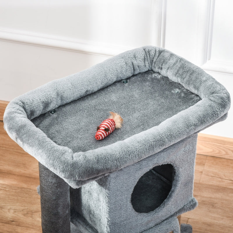 Krabpaal met kattenhuis, jute krabmat en pluche – grijs – 40×40×57 cm