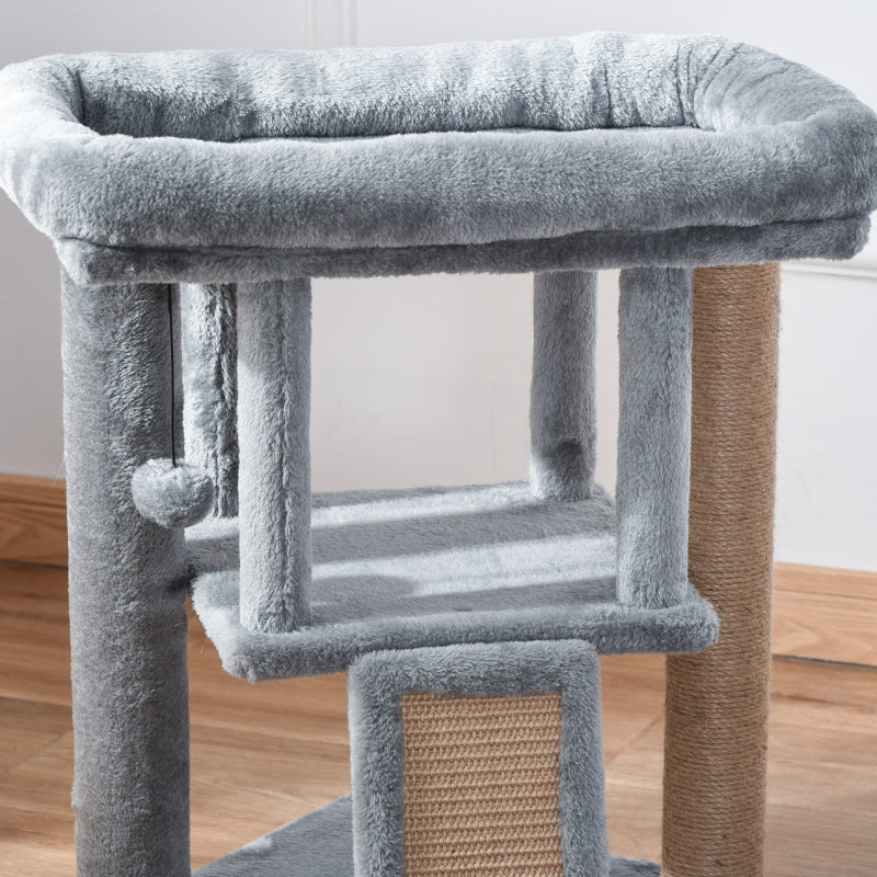 Krabpaal met kattenhuis, jute krabmat en pluche – grijs – 40×40×57 cm