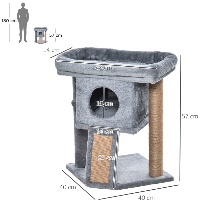 Krabpaal met kattenhuis, jute krabmat en pluche – grijs – 40×40×57 cm