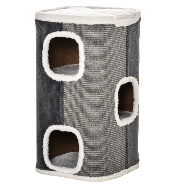 Krabton met 3 niveaus, sisal en pluche – grijs/wit – 40×40×74 cm