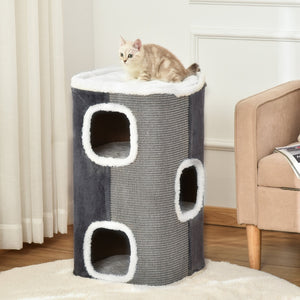 Krabton met 3 niveaus, sisal en pluche – grijs/wit – 40×40×74 cm met knusse tunnels en zachte bovenkant voor kattencomfort