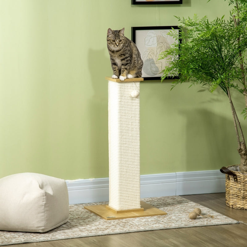 Beige krabpaal 80 cm hoog met speeltouw en zitplateau