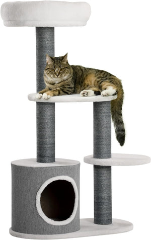 Kat ligt ontspannen op de grijze krabpaal met kattenhuis van 53 cm hoog met meerdere verdiepingen en zachte kussens