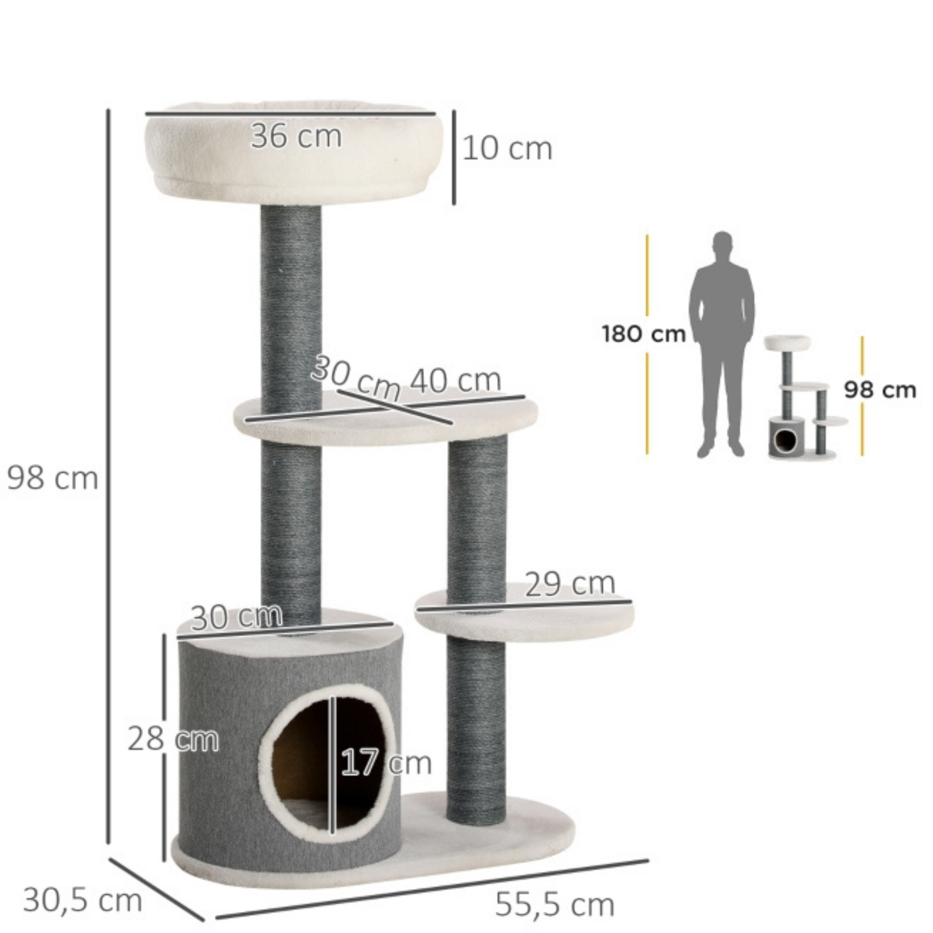 Grijze krabpaal met kattenhuis van 53 cm hoog