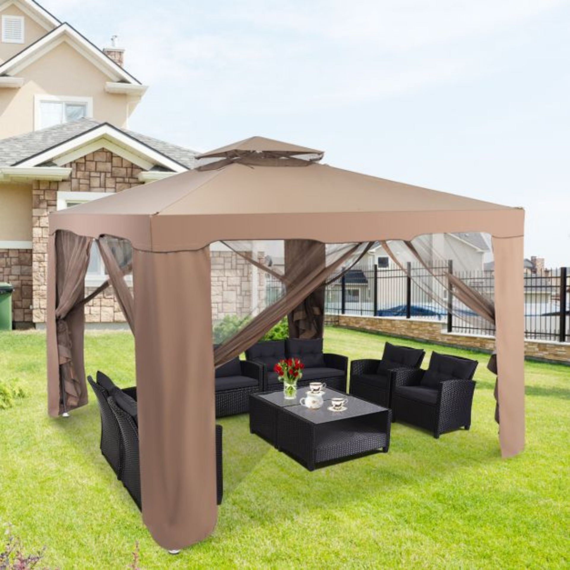 Partytent paviljoen 3x3 m met mesh zijwanden bruin – ideaal voor tuin en terras
