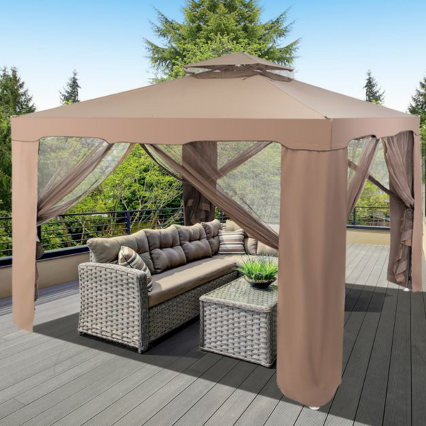 Partytent paviljoen 3x3 m met mesh zijwanden bruin – ideaal voor tuin en terras