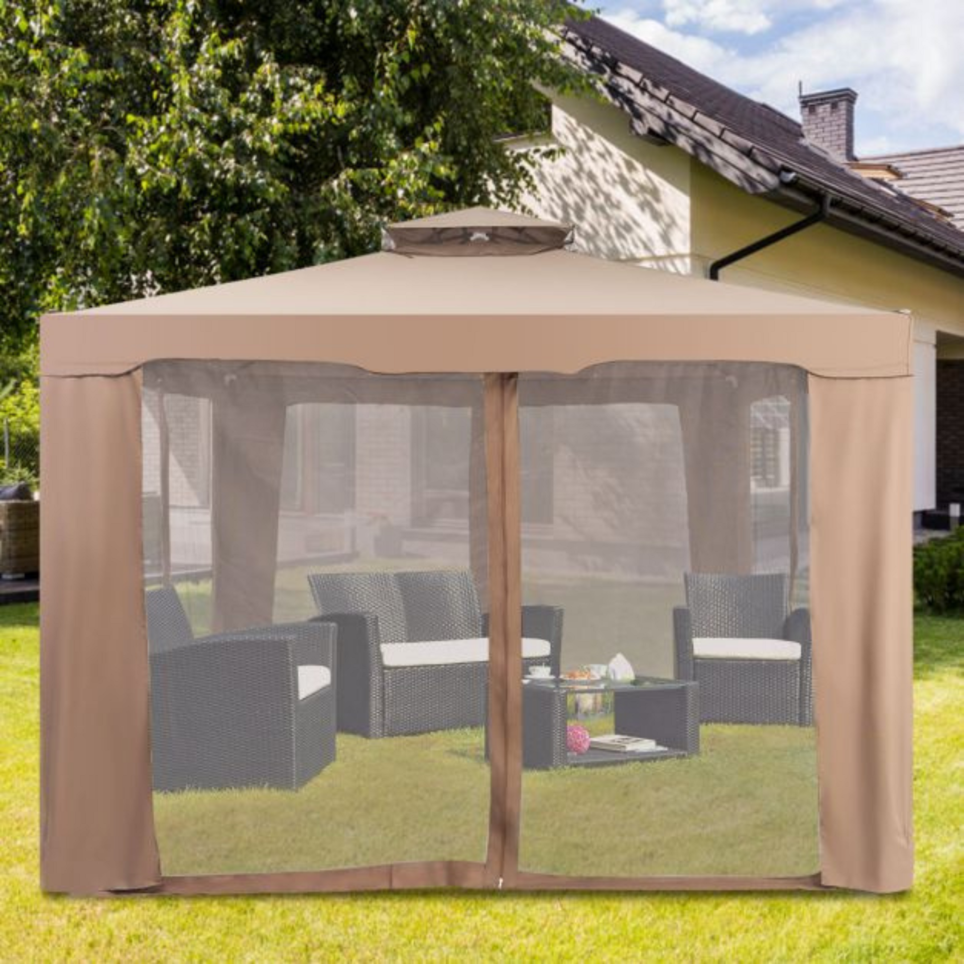 Partytent paviljoen 3x3 m met mesh zijwanden bruin – ideaal voor tuin en terras