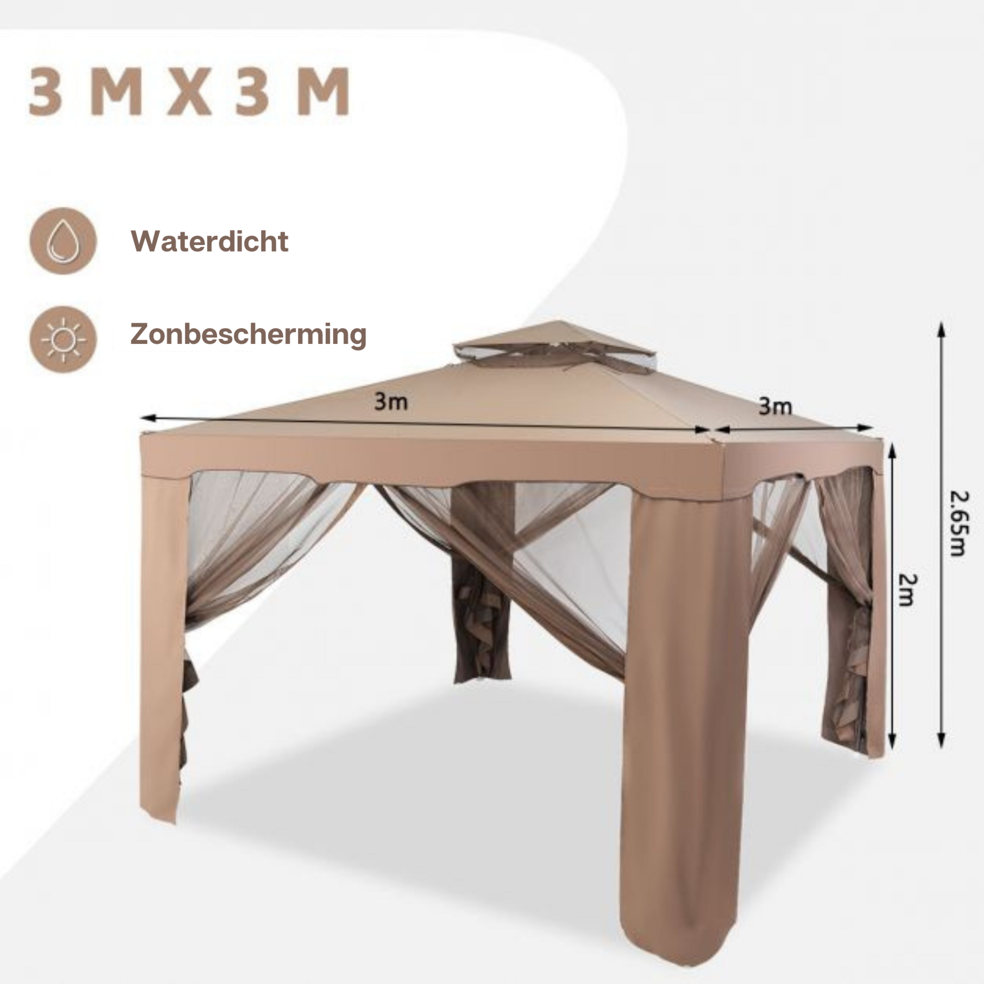 Partytent paviljoen 3x3 m met mesh zijwanden bruin – ideaal voor tuin en terras