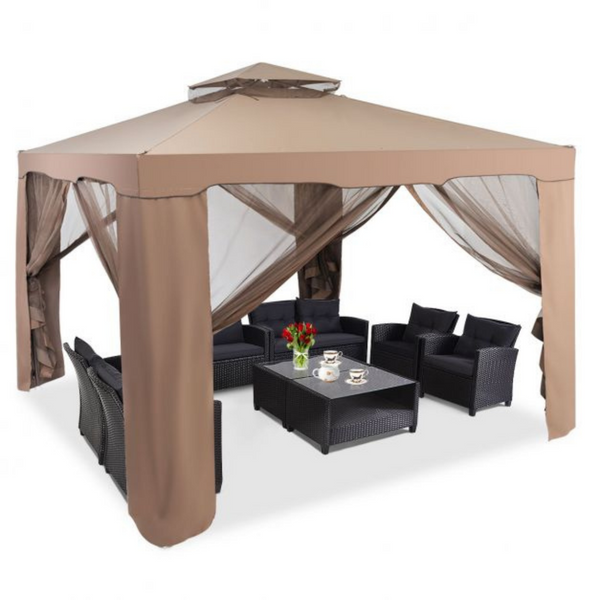 Partytent paviljoen 3x3 m met mesh zijwanden bruin – ideaal voor tuin en terras