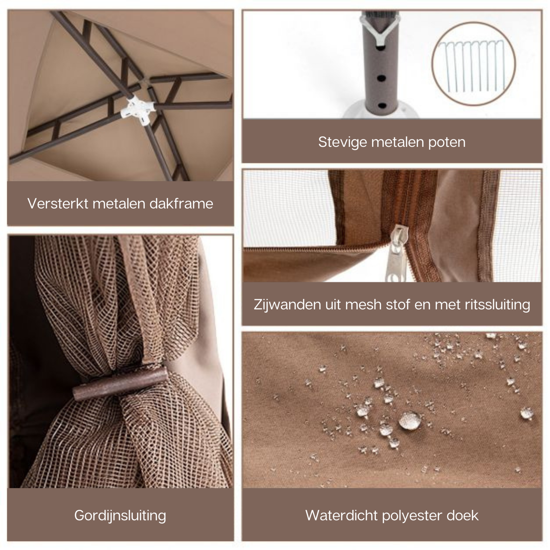 Partytent paviljoen 3x3 m met mesh zijwanden bruin – ideaal voor tuin en terras