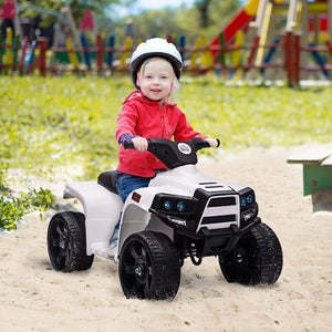 Kind op speelplaats met Elektrische kinderquad 65x40x43 cm – 6V met LED-verlichting in rood jack en helm