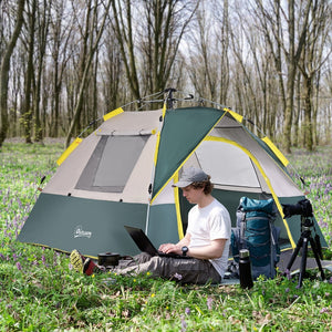 Ruime 3-persoons koepeltent 205x195x135 cm – groen met pop-up systeem in bosrijke omgeving met persoon buiten tent