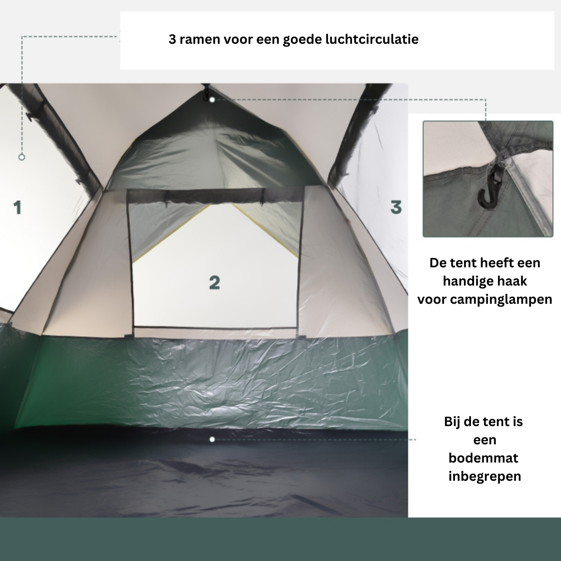 Ruime 3-persoons koepeltent 205x195x135 cm – groen met pop-up systeem