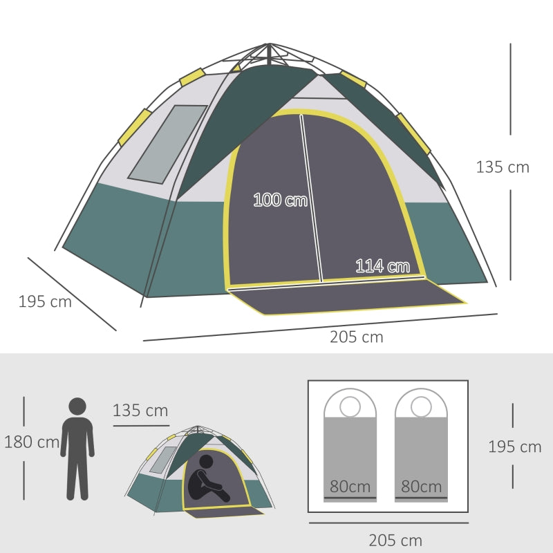 Ruime 3-persoons koepeltent 205x195x135 cm – groen met pop-up systeem