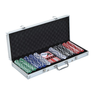 Complete pokerset met 500 chips – aluminium koffer 55,5x22x6,5 cm open met stapels chips en speelkaarten erin zichtbaar