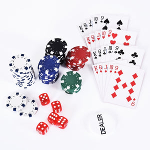 Complete pokerset met 300 chips – aluminium koffer 38x20,5x6,5 cm met speelkaarten, dobbelstenen en dealerbutton voor pokeravonden
