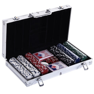 Complete pokerset met 300 chips – aluminium koffer 38x20,5x6,5 cm met pokerchips, dobbelstenen en speelkaarten voor spellenavond