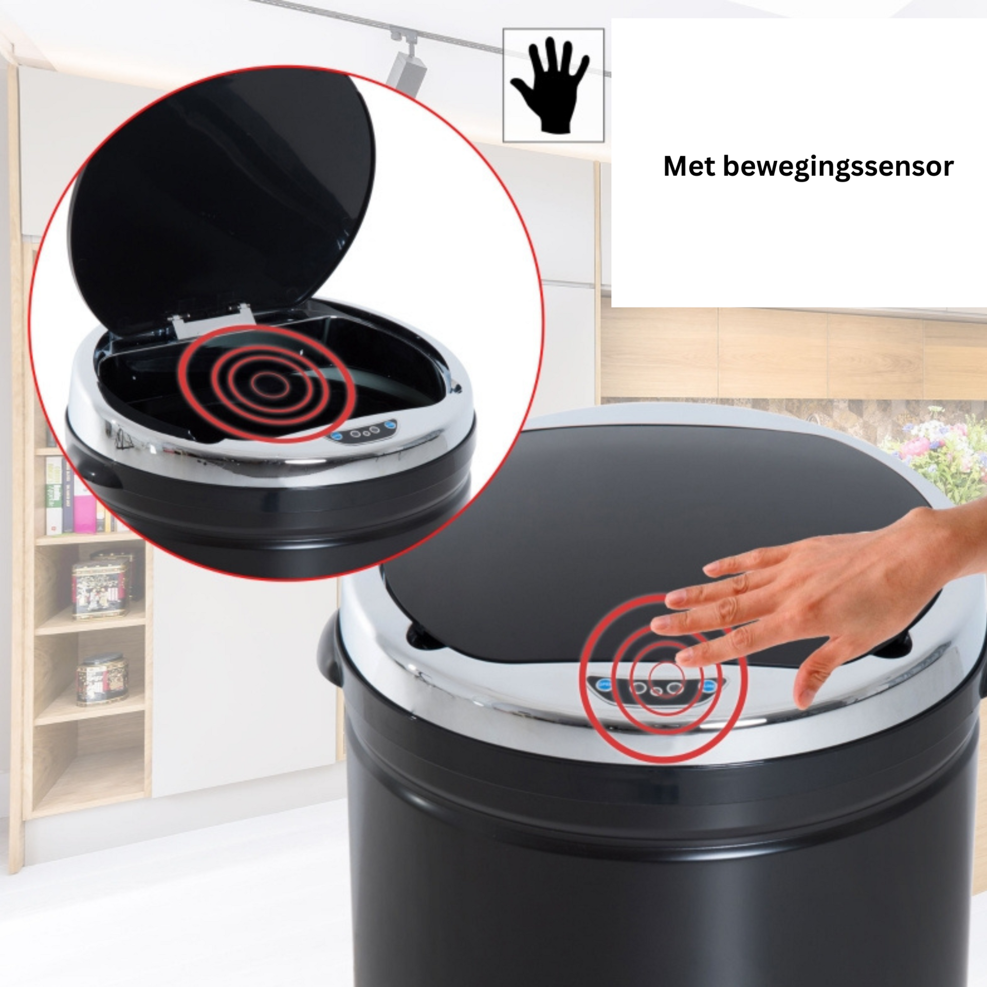 Hygiënische afvalemmer 50L – zwart met bewegingssensor