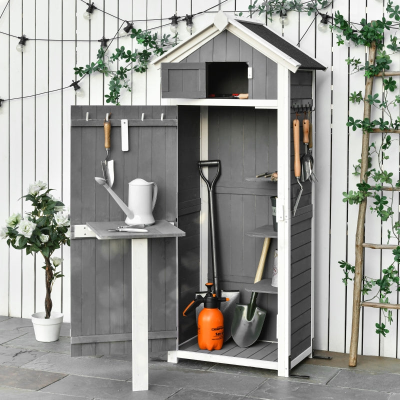 Compacte houten tuinkast 78x53x18 cm – grijs met werkblad en slot