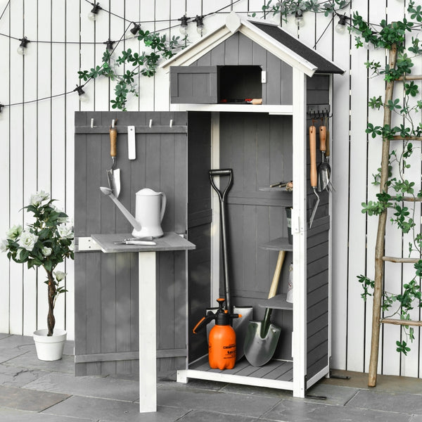Compacte houten tuinkast 78x53x18 cm – grijs met werkblad en slot