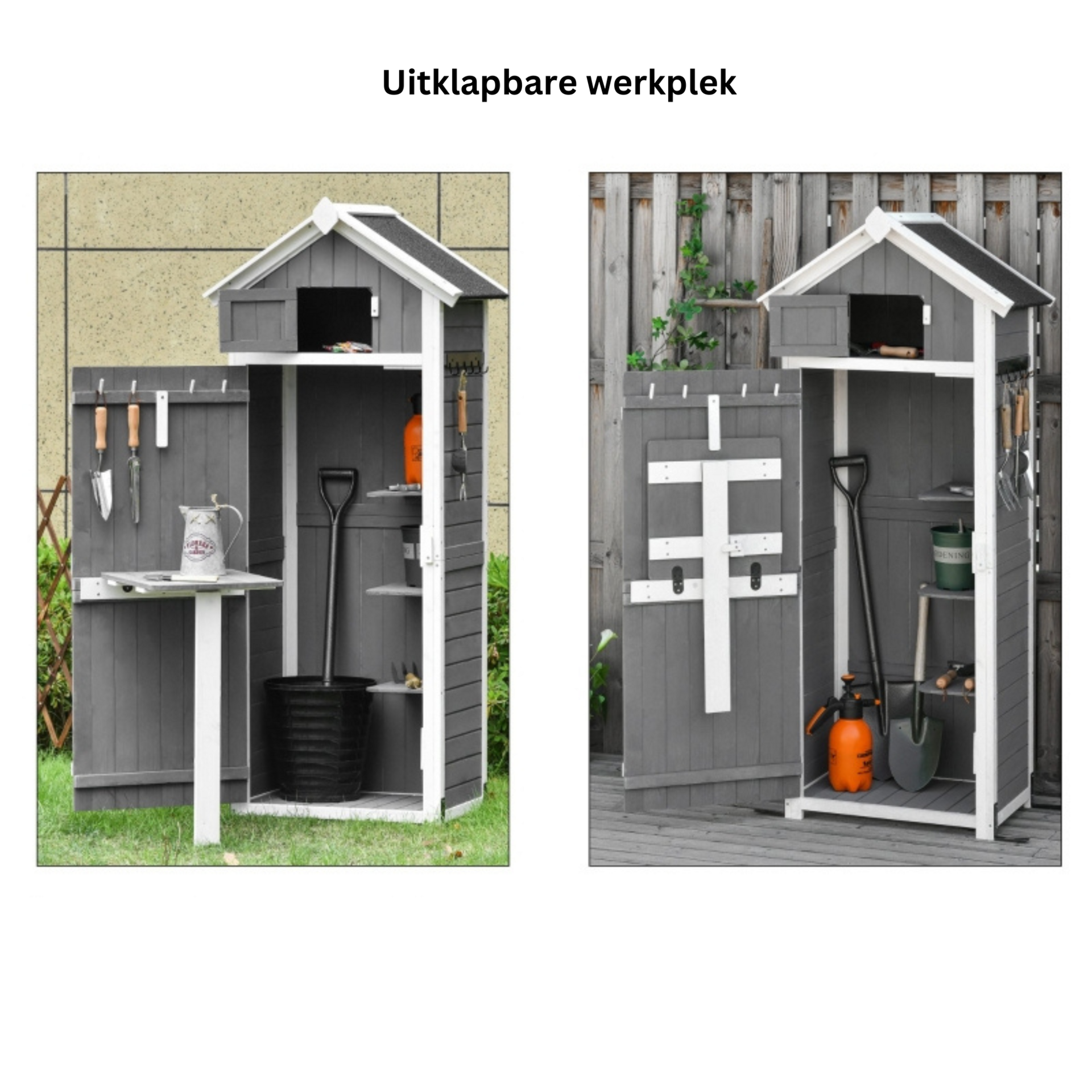 Compacte houten tuinkast 78x53x18 cm – grijs met werkblad en slot